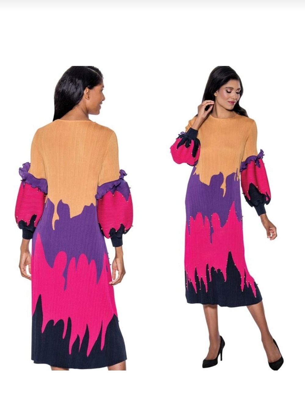 Divine Casuals Colorblock Midi Dress in Tan, Purple, Pink & Black